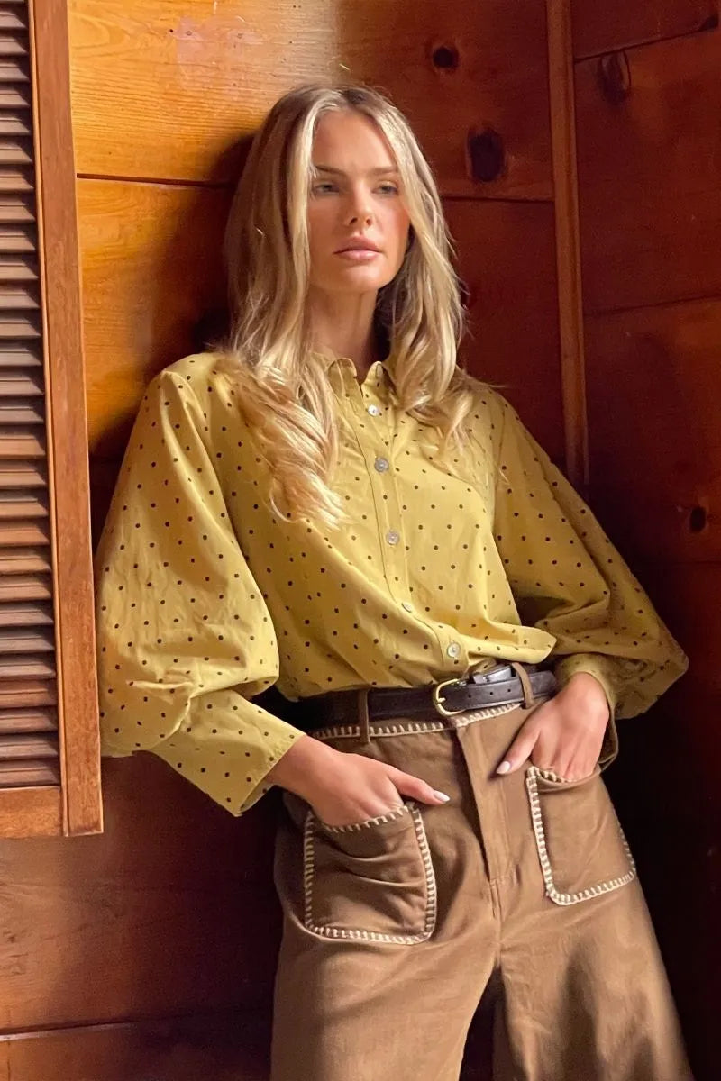 Jodifl-3/4 bishop sleeves button down tiny polka dot top.