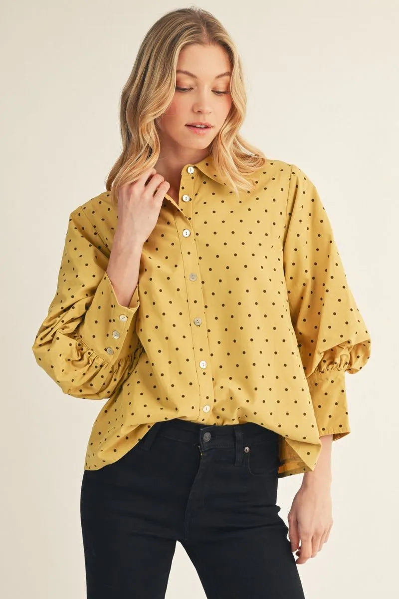 Jodifl-3/4 bishop sleeves button down tiny polka dot top.