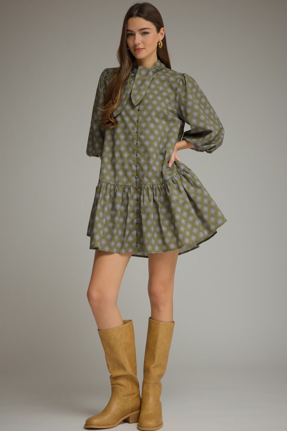 Entro-Printed ¾ puff sleeve mini dress with a shirt collar and self-tie detail at neckline.