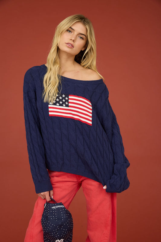 Blu Pepper-AMERICAN FLAG CABLE KNIT PULLOVER SWEATER