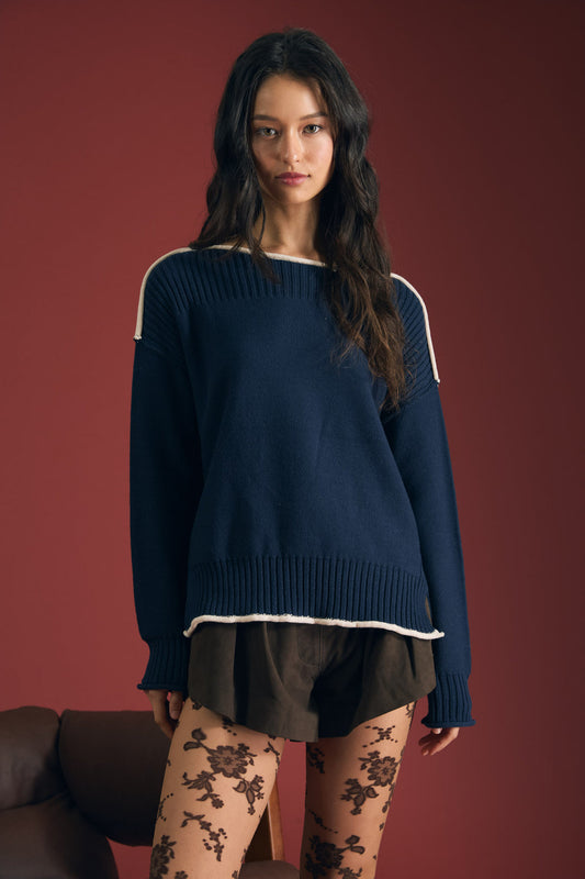 Blu Pepper-CONTRAST TRIM BOAT NECK RIBBED DETAIL KNIT SWEATER