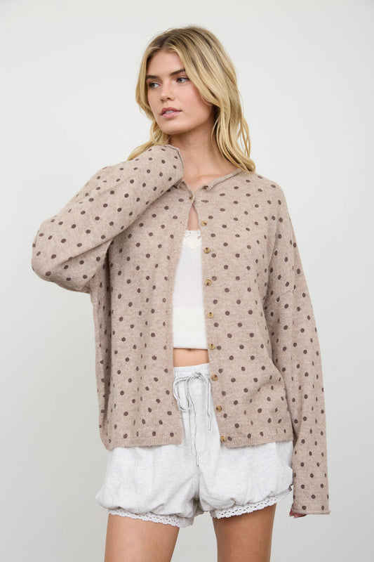 Blu Pepper-POLKA DOT BUTTON DOWN RAW EDGE KNIT CARDIGAN