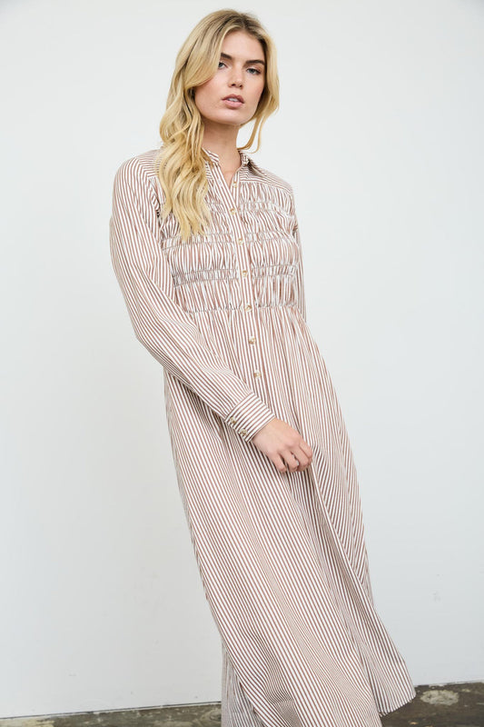 Blu Pepper-STRIPE SHIRRED COLLARED LONG SLEEVE SHIRT DRESS