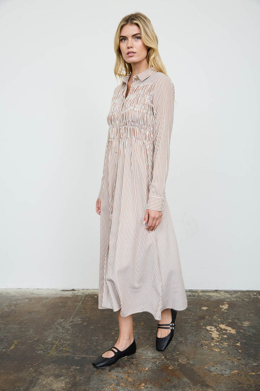 Blu Pepper-STRIPE SHIRRED COLLARED LONG SLEEVE SHIRT DRESS
