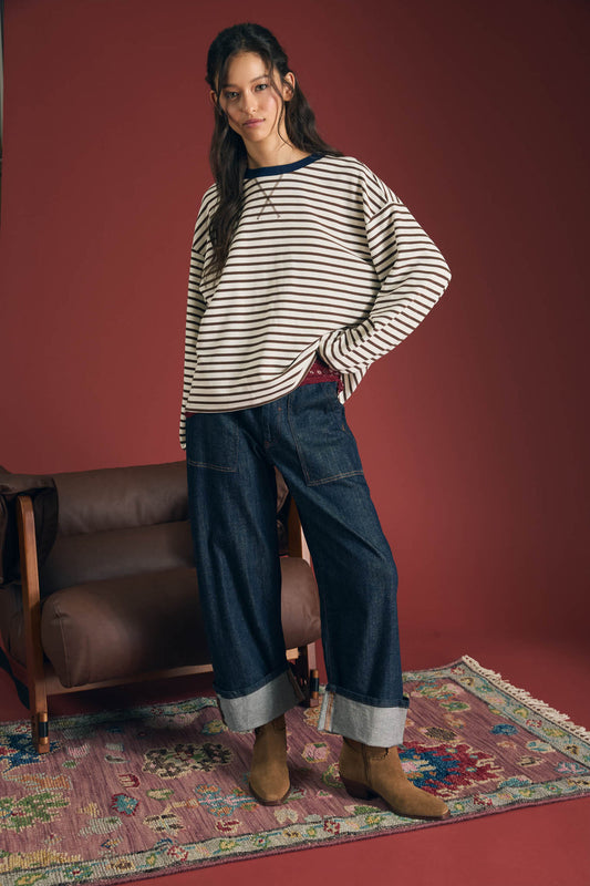 Blu Pepper-STRIPE CREW NECK V-STITCH LONG SLEEVE KNIT TOP