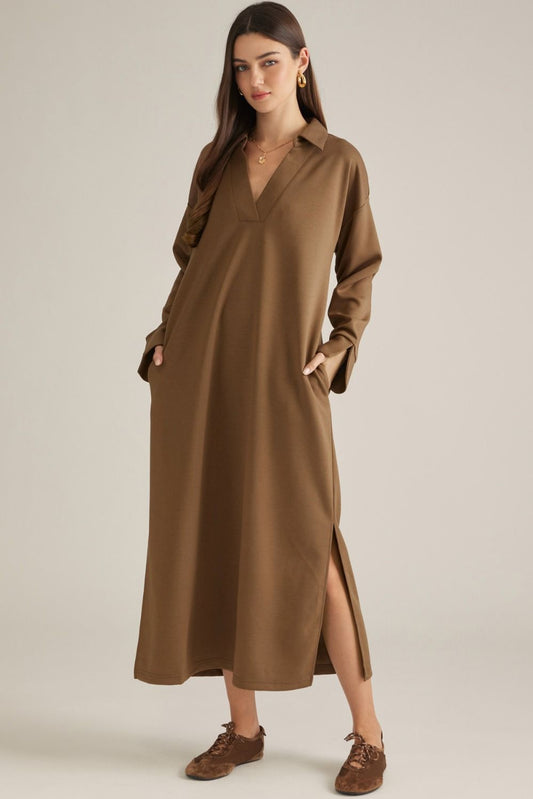 Entro-Solid long sleeve midi dress.