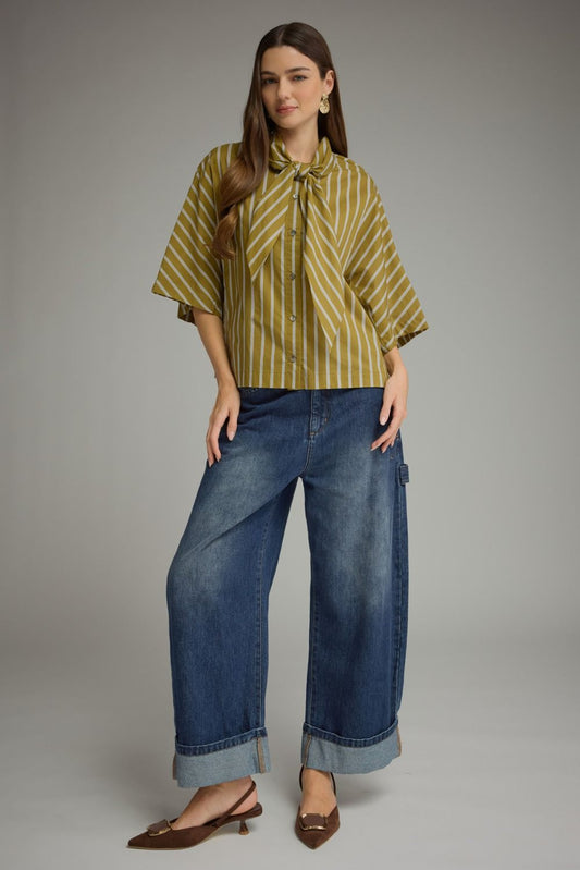 Entro-Stripe print elbow-length wide sleeve top with a neck tie and cropped length.