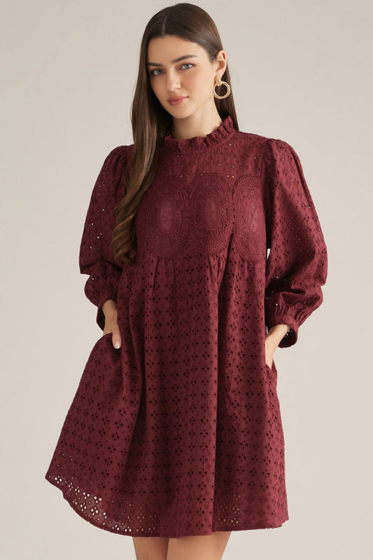 Entro-Solid eyelet ¾ puff sleeve mini dress