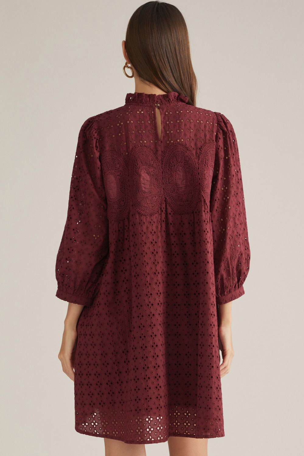 Entro-Solid eyelet ¾ puff sleeve mini dress