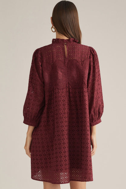 Entro-Solid eyelet ¾ puff sleeve mini dress