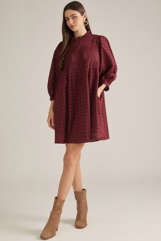 Entro-Solid eyelet ¾ puff sleeve mini dress