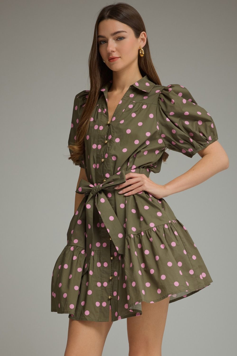 Entro-Polka dot short puff sleeve mini dress
