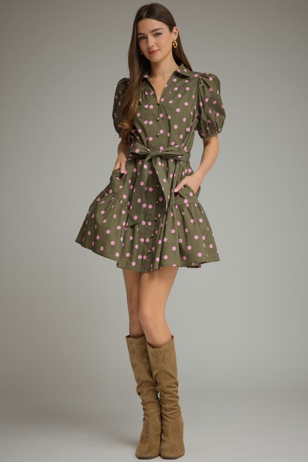Entro-Polka dot short puff sleeve mini dress
