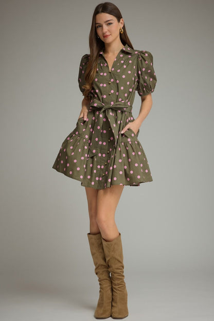 Entro-Polka dot short puff sleeve mini dress
