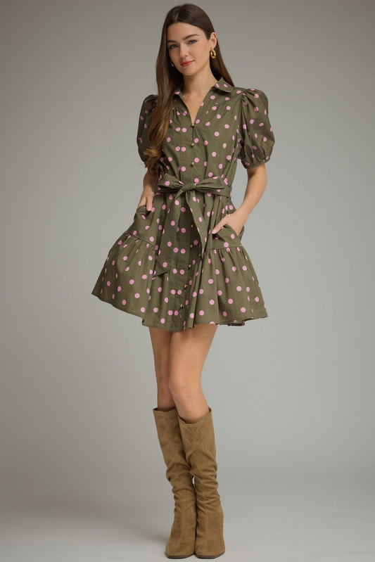 Entro-Polka dot short puff sleeve mini dress