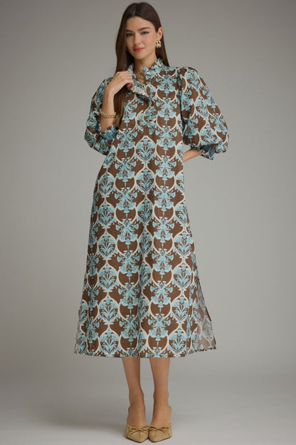 Entro-Printed ¾ balloon sleeve midi dress with a ruffle collar and partial button closure at front.