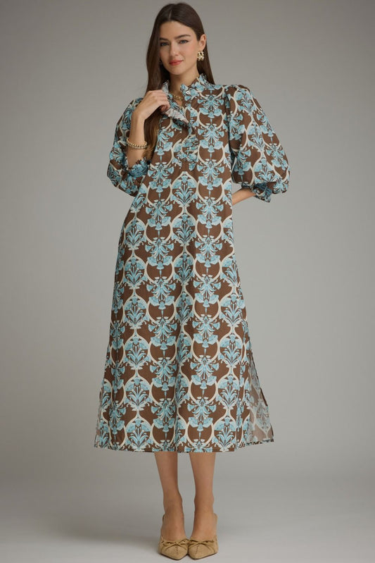 Entro-Printed ¾ balloon sleeve midi dress with a ruffle collar and partial button closure at front.