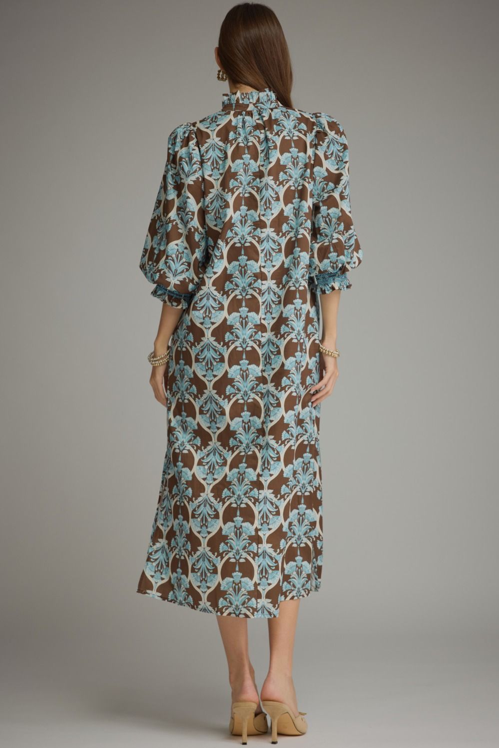 Entro-Printed ¾ balloon sleeve midi dress with a ruffle collar and partial button closure at front.