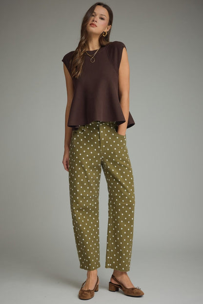 Entro-Polka dot pants featuring front and back pockets.