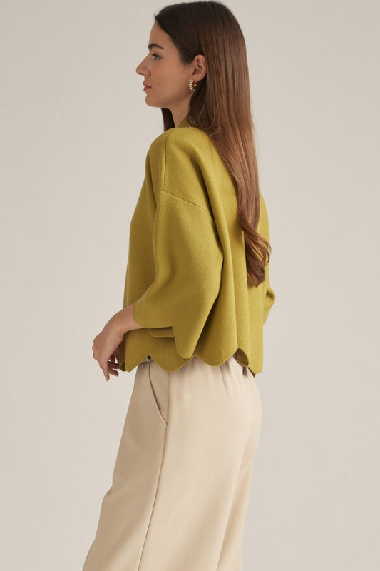 Entro-Solid ¾ sleeve sweater top with a mock neck.