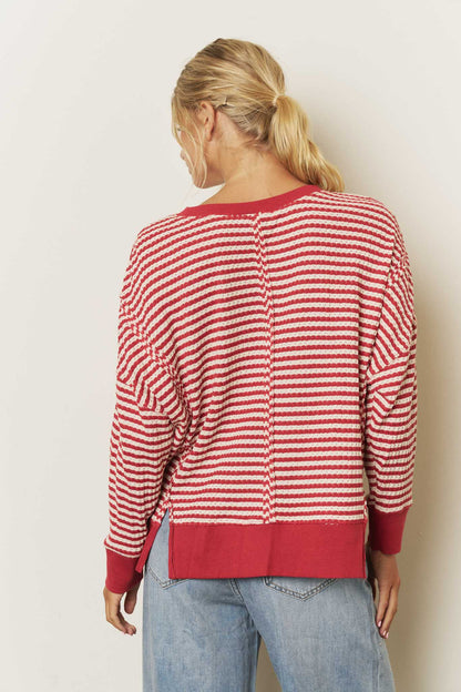 Blu Pepper-STRIPE EXPOSED SEAM SPLIT HEM LONG SLEEVE KNIT TOP
