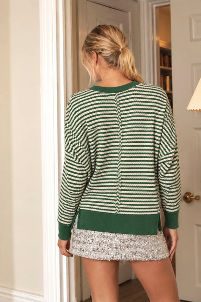 Blu Pepper-STRIPE EXPOSED SEAM SPLIT HEM LONG SLEEVE KNIT TOP