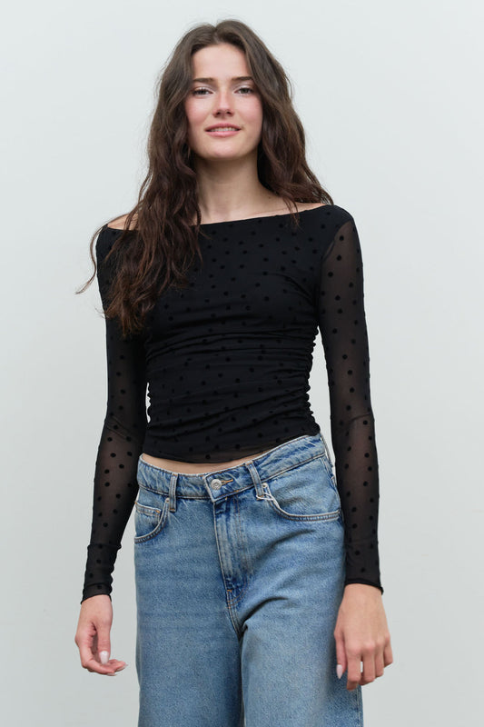 Blu Pepper-POLKA DOT MESH OFF-SHOULDER KNIT TOP