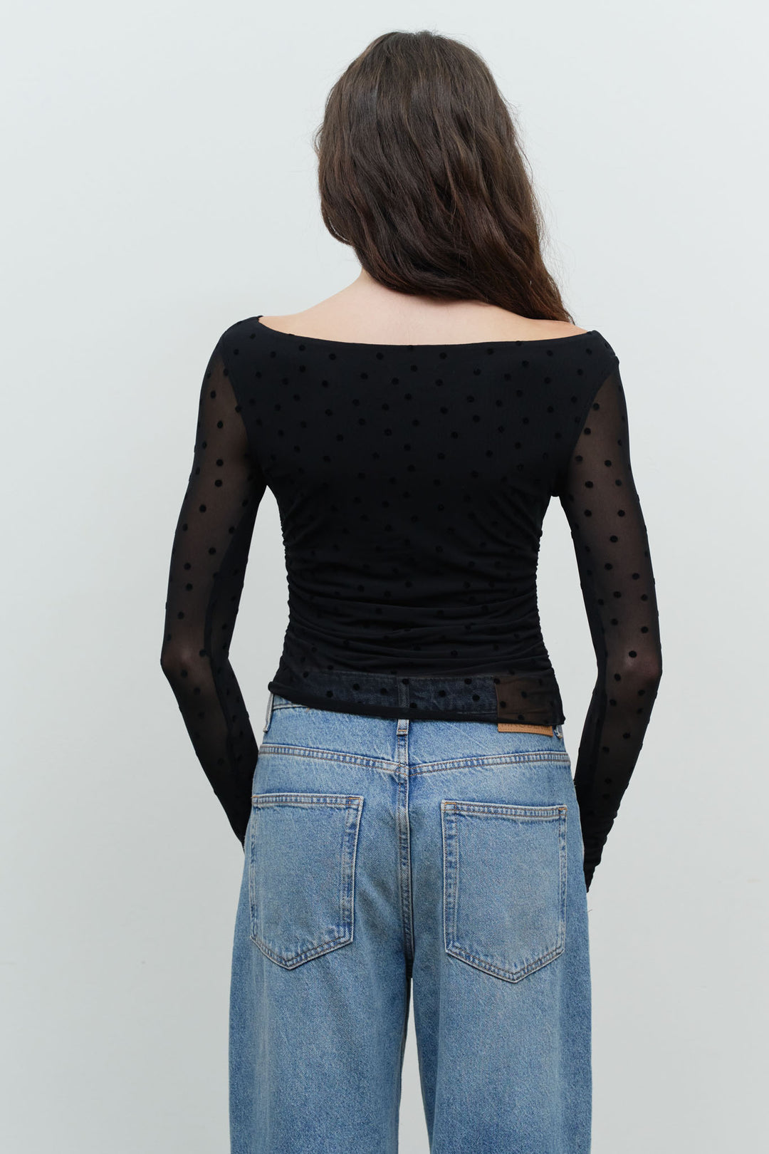 Blu Pepper-POLKA DOT MESH OFF-SHOULDER KNIT TOP