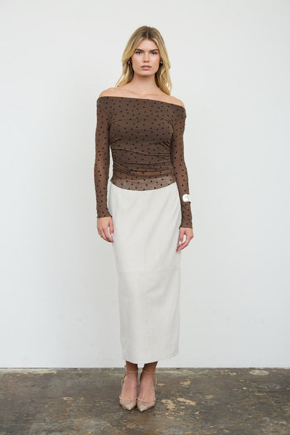 Blu Pepper-POLKA DOT MESH OFF-SHOULDER KNIT TOP