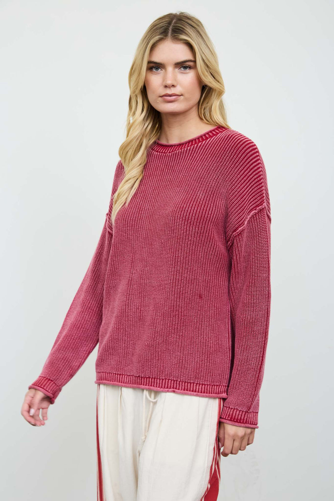 Blu Pepper-WASHED RAW EDGE DROP SHOULDER SWEATER