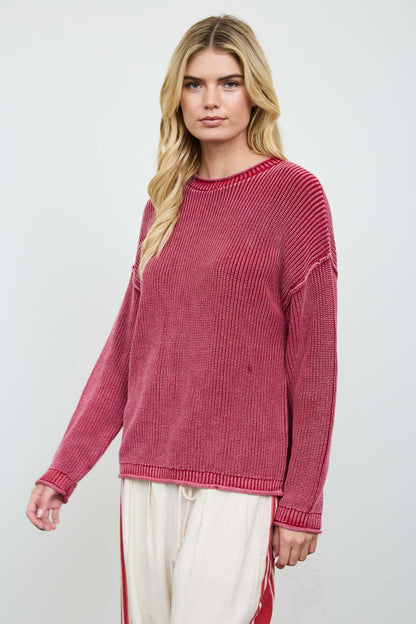Blu Pepper-WASHED RAW EDGE DROP SHOULDER SWEATER