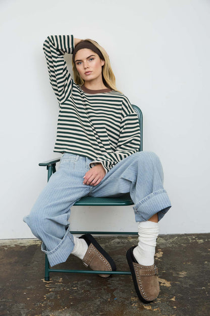 Blu Pepper-COLOR BLOCK NECK TRIM LONG SLEEVE BOXY KNIT TOP