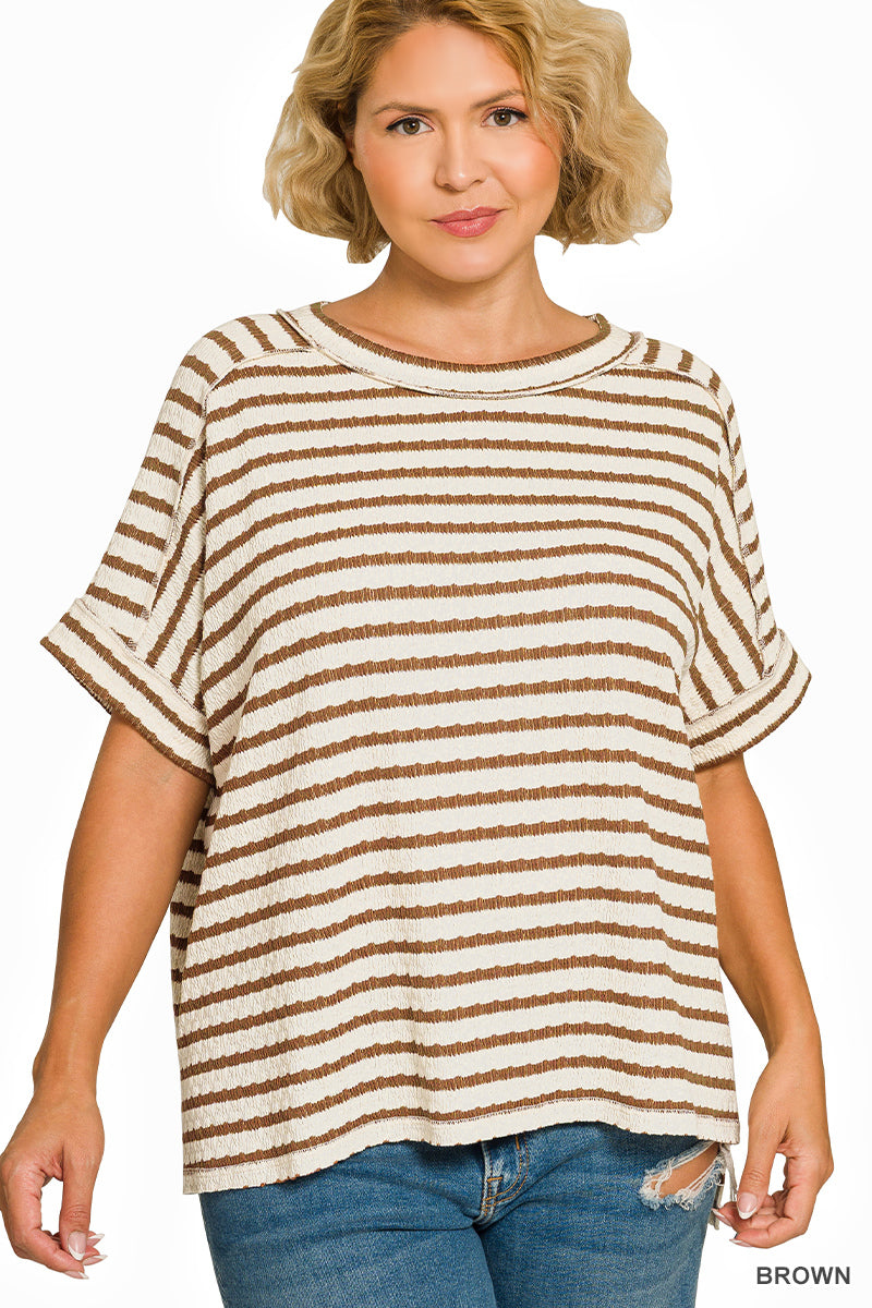 Plus Size Zenana Striped Short Sleeve Hi-Low Tee