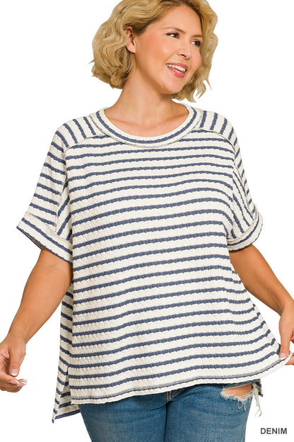 Plus Size Zenana Striped Short Sleeve Hi-Low Tee