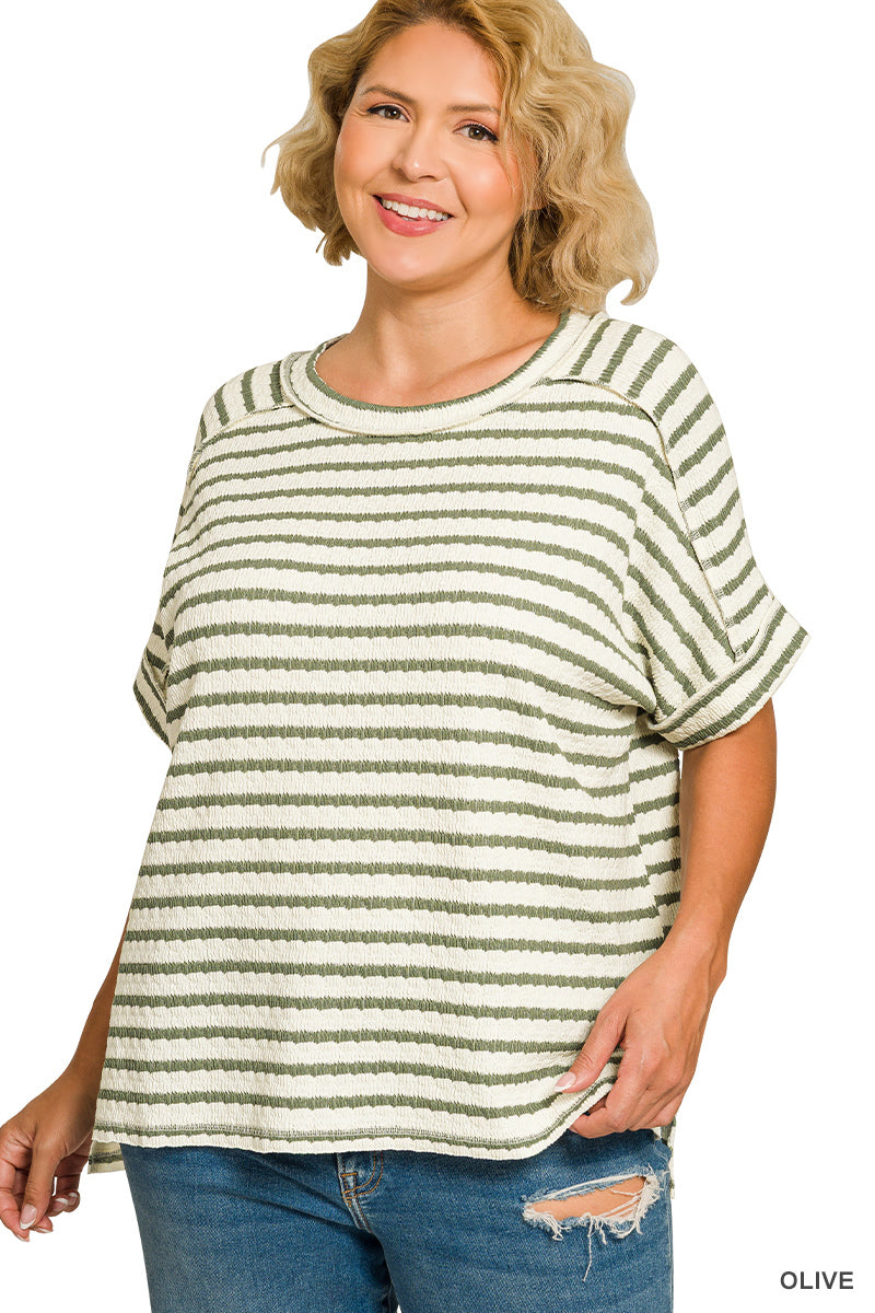 Plus Size Zenana Striped Short Sleeve Hi-Low Tee