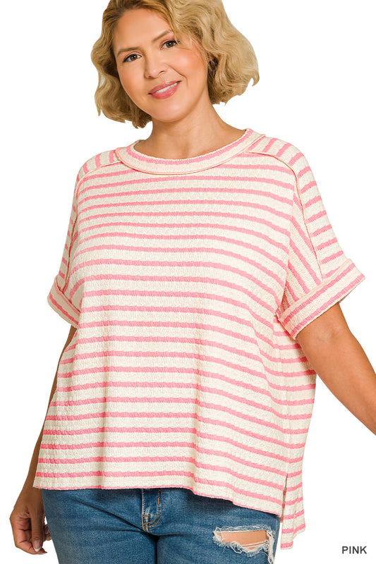 Plus Size Zenana Striped Short Sleeve Hi-Low Tee
