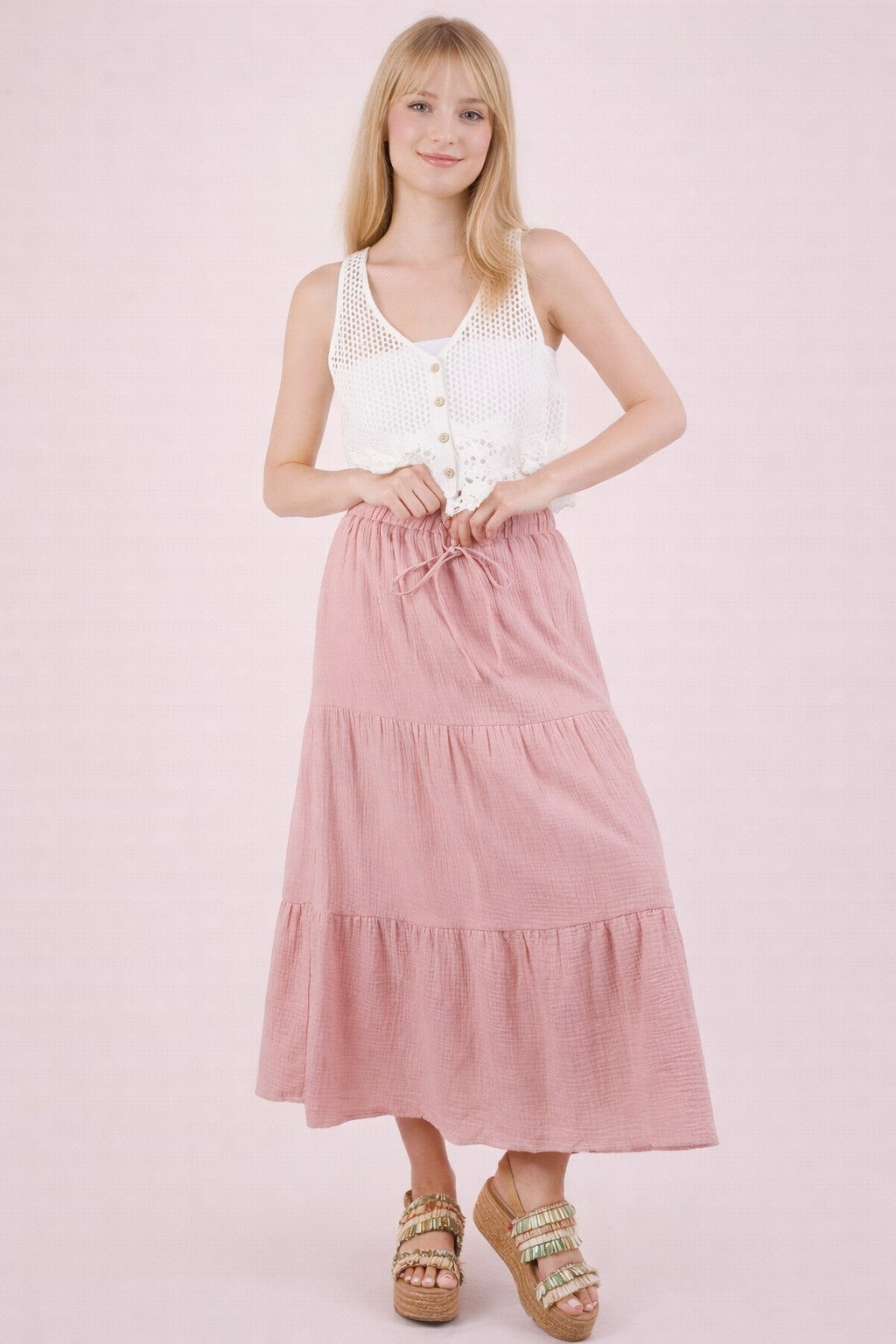 Elastic Waist Tiered Maxi Skirt