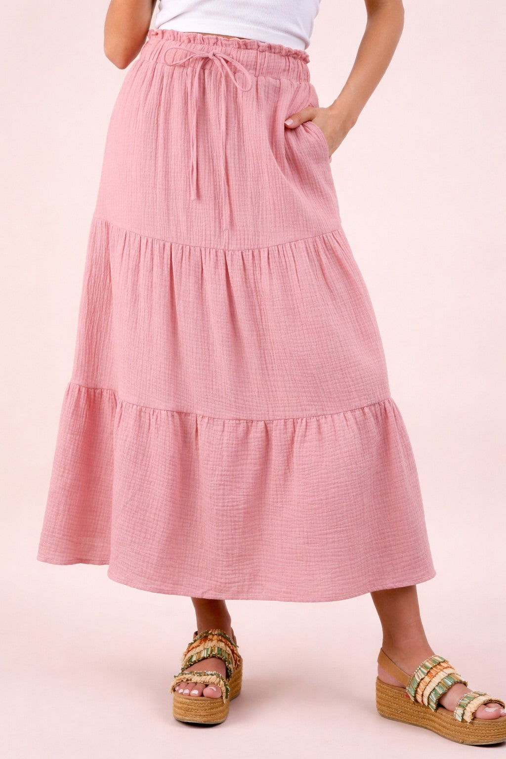 Elastic Waist Tiered Maxi Skirt