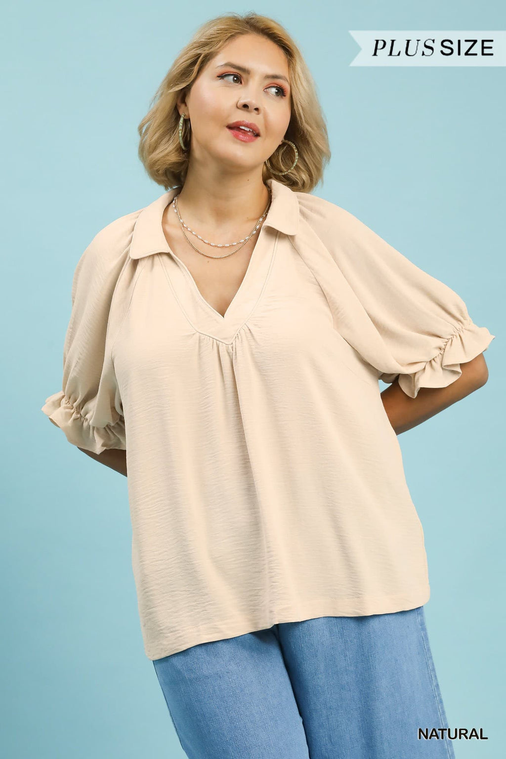 Plus Size Solid Collared V Neck Top