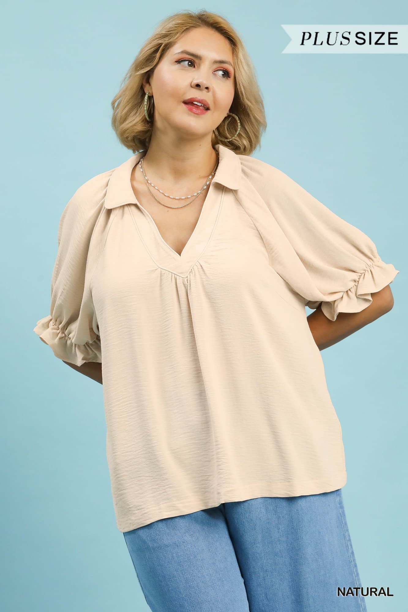 Plus Size Solid Collared V Neck Top