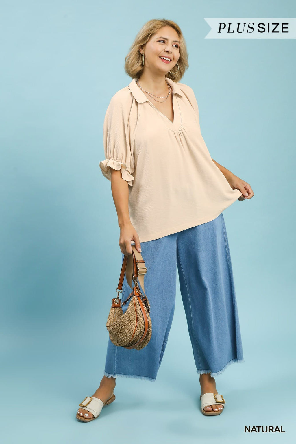 Plus Size Solid Collared V Neck Top