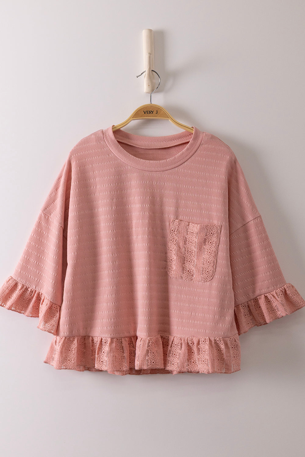 Half Sleeve Lace Ruffle Detail Textured Knit Top