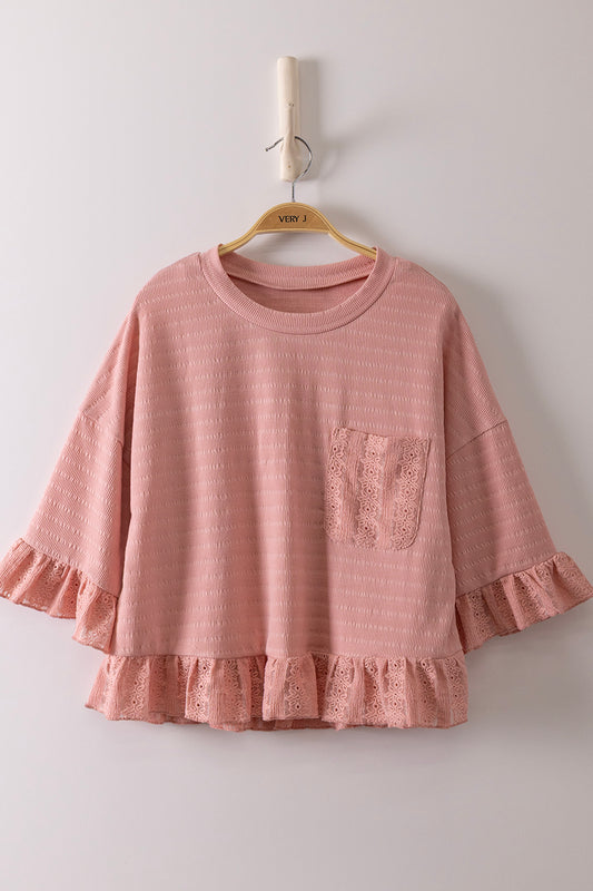Half Sleeve Lace Ruffle Detail Textured Knit Top
