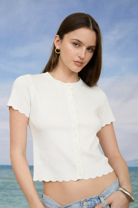 SCALLOPED SHORT SLEEVE BUTTON DOWN KNIT CARDIGAN