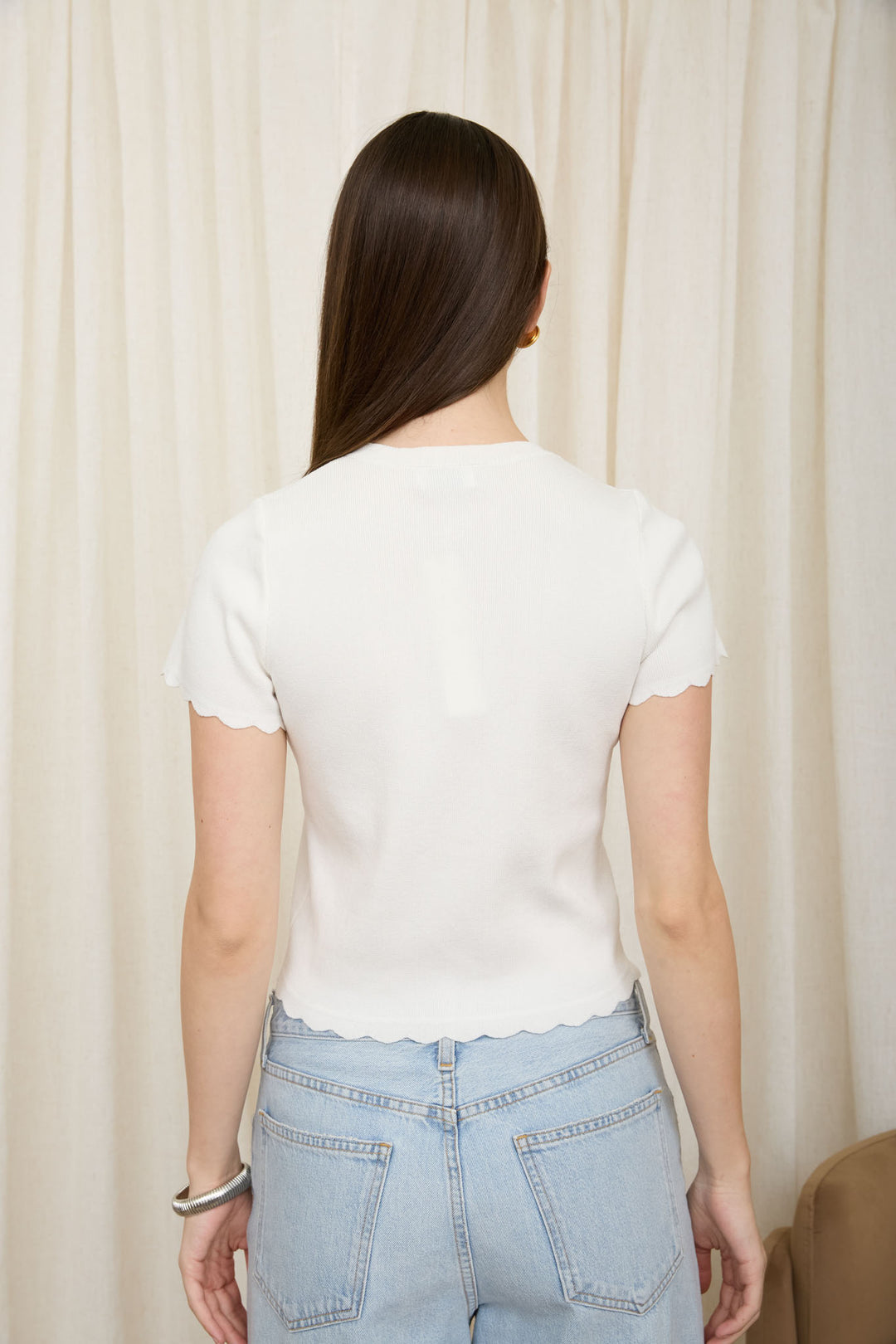 SCALLOPED SHORT SLEEVE BUTTON DOWN KNIT CARDIGAN