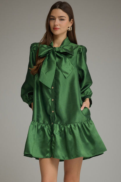 Entro-Solid metallic ¾ balloon sleeve mini dress with a self-tie bow at neck
