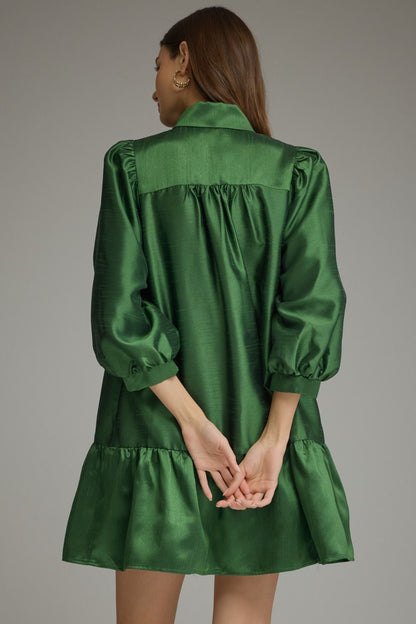 Entro-Solid metallic ¾ balloon sleeve mini dress with a self-tie bow at neck