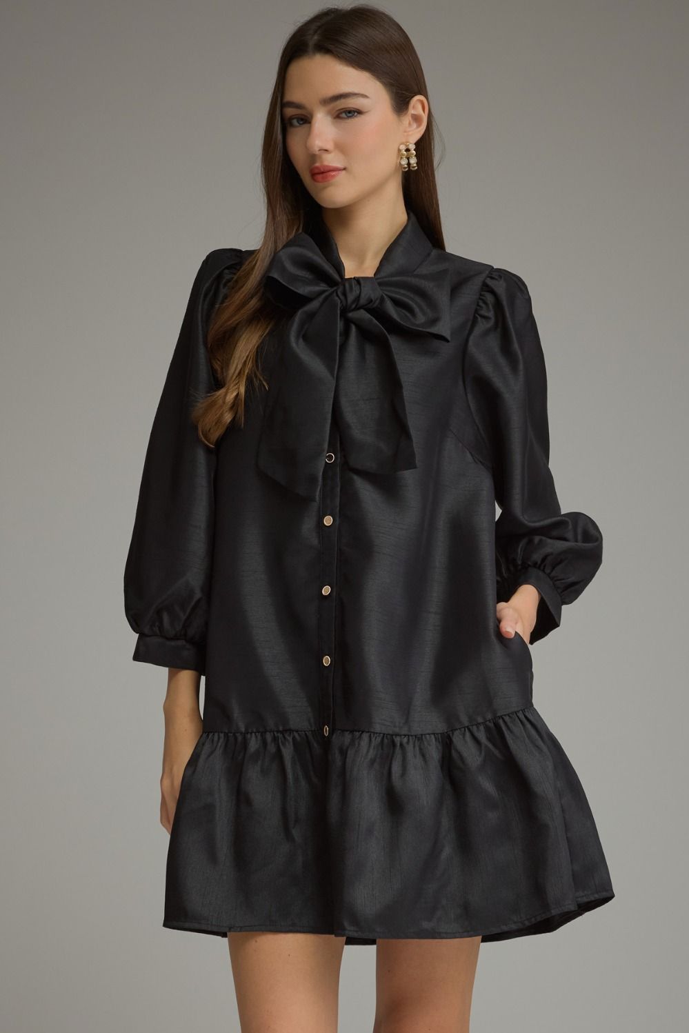Entro-Solid metallic ¾ balloon sleeve mini dress with a self-tie bow at neck