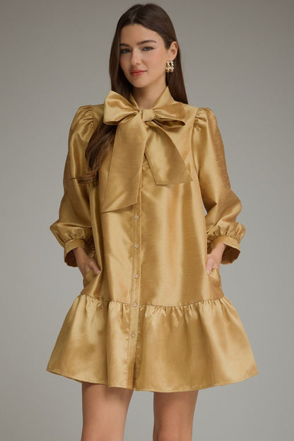 Entro-Solid metallic ¾ balloon sleeve mini dress with a self-tie bow at neck
