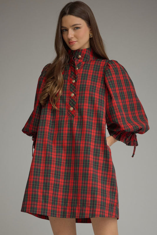Entro- Plaid ¾ balloon sleeve mini dress featuring a stand neck and button closure at front